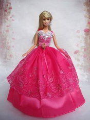 Lovely Hot Pink Ball Gown Taffeta and Organza Barbie Doll Dress