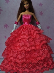 Pretty Red Gown With Ruffled Layers Dress For Barbie Doll