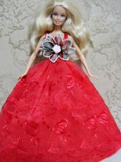 Red Embroidery Dress Handmade Gown for Barbie Doll