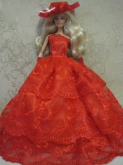 Red Handmade Pretty Dress With Embroidery Made to Fit the Barbie Doll