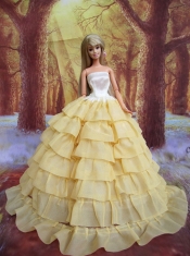Ruffled Layers Decorate Ball Gown Light Yellow Barbie Doll Dress