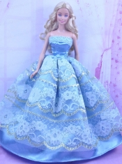 Blue Handmade Gown With Appliques and Sequins Made to Fit the Barbie Doll