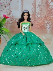 Elegant Ball Gown Green Strapless Hand Made Flowers Party Clothes Fashion Dress for Noble Barbie