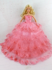 Elegant Handmade Gown With Ruffled Layers and Embroidery Made To Fit the Barbie Doll