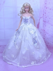 Elegant White Gown With Embroidery and Sequins Made to Fit the Barbie Doll