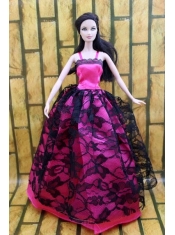 Gorgeous Hot Pink and Black Lace Gown For Barbie Doll