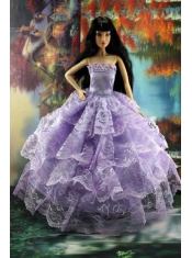 Gorgeous Lilac Gown With Ruffled Layers Lace For Barbie Doll
