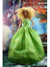 Green Pretty Dress With Embroidery Gown For Barbie Doll