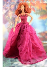 Lovely Embroidery For Hot Pink Barbie Doll Dress