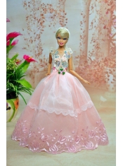 Luxurious Baby Pink Appliques With Flooe-length Wedding Dress For Barbie Doll