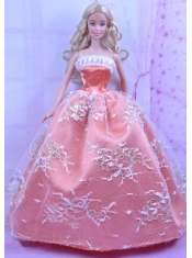 Luxurious Orange Dress With Appliques Made to Fit the Barbie Doll