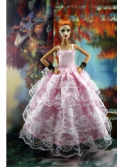 Luxurious Pink Gown With Ruffled Layers Lace For Barbie Doll