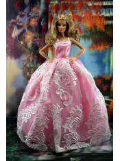 New Embroidery Fashion Princess Pink Dress Gown For Barbie Doll