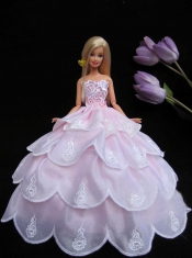 New Ruffled Layeres Baby Pink Handmade Summer Wear Dress Clothes Gown For Barbie Doll