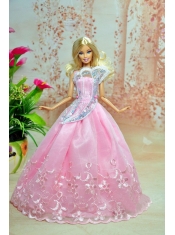 Pink Lovely Party Dress For Barbie Doll Dress With Embroidery