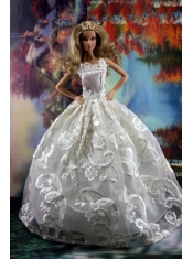 Romantic White Gown With Embroidery Dress For Barbie Doll
