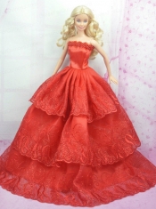 Rust Red Princess Dress With Embroidery Gown For Barbie Doll