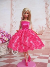 Sweet Ball Gown Hot Pink Hand Made Flowers With Tea-length Made to Fit the Barbie Doll