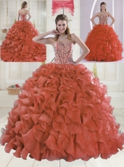 2015 Sweetheart Brush Train Red Quinceanera Dresses