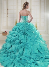 Aqua Blue Sweetheart Brush Train Beading Quinceanera Dresses