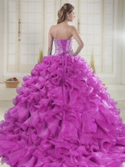 Ball Gown Sweetheart Brush Train Beading Quinceanera Dresses in Fuchsia