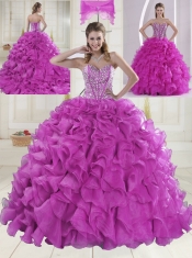 Ball Gown Sweetheart Brush Train Beading Quinceanera Dresses in Fuchsia