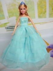 Beautiful Aqua Blue Party Clothes for Noble Barbie Doll Tulle