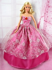 Beautiful Red Party Tulle Clothes Fashion Dress Hot Pink for Noble Barbie Doll