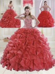 Beautiful Sweetheart Coral Red Quinceanera Dresses with Brush Train