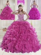 Hot Pink Sweetheart Brush Train Quinceanera Dresses in Sweet 16