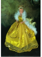 Luxurious Appliques Yellow Strapless Party Clothes Fashion Dress for Noble Barbie