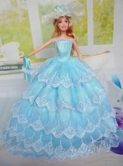 Luxurious Baby Blue Party Clothes for Noble Barbie Doll Tulle