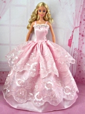 Pretty Pink Party Clothes Lace Fashion Dress for Noble Barbie Doll