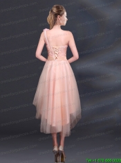 2015 Bowknot High Low Lace Up Prom Dress with One Shoulder