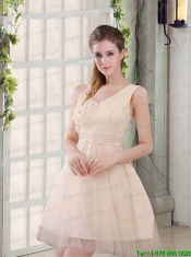 2015 Champagne One Shoulder A Line Appliques Prom Dress