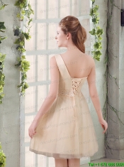 2015 Champagne One Shoulder A Line Appliques Prom Dress