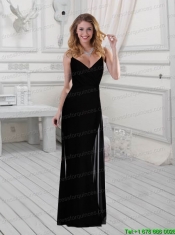 2015 Column Black Floor Length Bridesmaid Dress with Spaghetti Straps