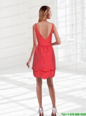 2015 Feminine Ruching Column Watermelon Red Junior Dress with Mini Length