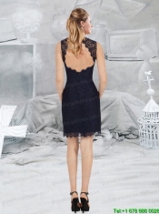 2015 Lace Empire V Neck Navy Blue Prom Dress with Cap Sleeves