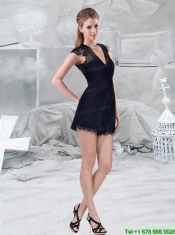 2015 Lace Empire V Neck Navy Blue Prom Dress with Cap Sleeves