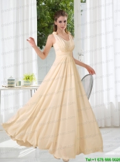 2015 Modest V Neck Empire Ruching Prom Dress