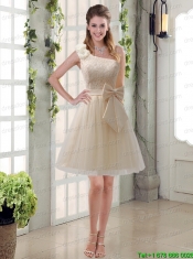 2015 Princess One Shoulder Bowknot Lace Christmas Party Dresses in Champagne