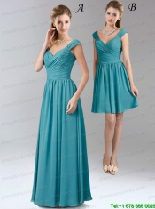 2015 Simple Turquoise Empire Bridesmaid Dress with V Neck
