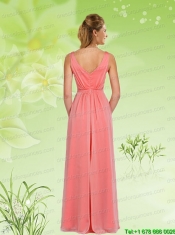 2015 Simple V Neck Empire Ruching and  Prom Dress in Watermelon Red