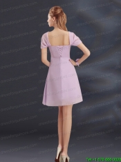 A Line Square Ruhing Prom Dress with Cap Sleeves