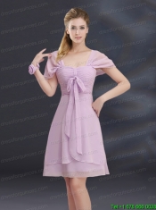 A Line Square Ruhing Prom Dress with Cap Sleeves