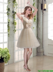 Beautiful Champagne Bowknot Princess Christmas Party Dresses with V Neck