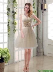 Beautiful Champagne Bowknot Princess Christmas Party Dresses with V Neck