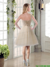 Champagne Ruched Handmade Flowers One Shoulder 2015 Christmas Party Dresses