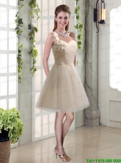 Champagne Ruched Handmade Flowers One Shoulder 2015 Christmas Party Dresses
